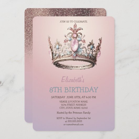 Chic Princess Crown Glitzer Geburtstag Einladung (Vorne/Hinten)