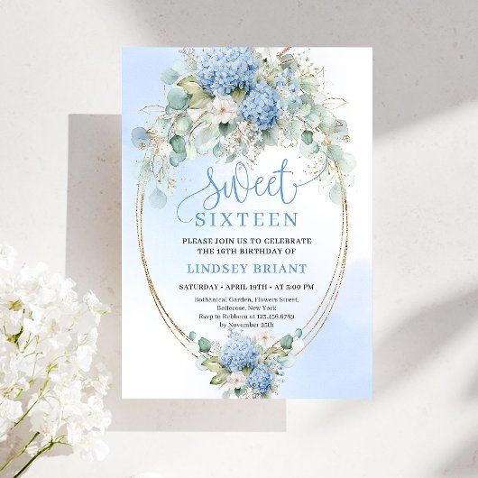Chic Printable Blue Floral Gold Sweet 16 Birthday Einladung