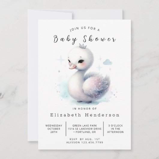 Chic Printable Swan Baby Dusche Einladung (Vorderseite)