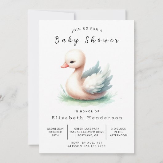 Chic Printable Swan Baby Dusche Einladung (Vorderseite)