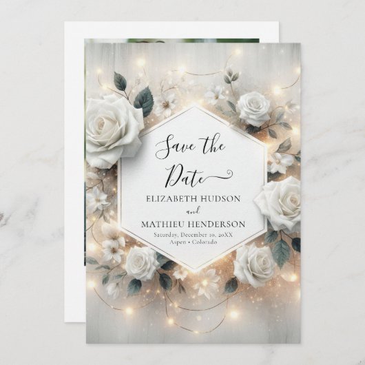 Chic Printable White Roses Wedding Save The Date (Vorne/Hinten)