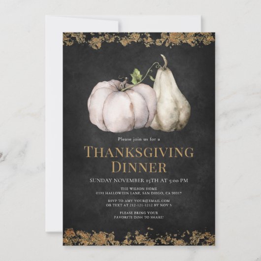 Chic Pumpkin Black & Gold Erntedank Dinner Einladung (Vorderseite)