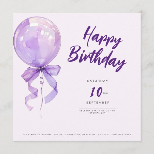 chic Purple balloons birthday invitation Einladung (Vorderseite)