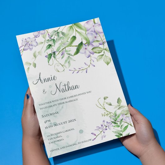 Chic Purple Flowers Grüne Blätter Blumenzehen Einladung