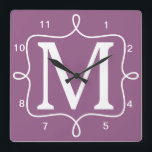 Chic Purple Monogram Quadratische Wanduhr<br><div class="desc">Chic Purple Monogram wall clock. Loopy white doodle frame and single initial monogram on bright purple wall clock. Also available in other colors.</div>