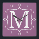 Chic Purple Monogram Quadratische Wanduhr<br><div class="desc">Chic Purple Monogram wall clock. Loopy white doodle frame and single initial monogram on bright purple wall clock. Also available in other colors.</div>