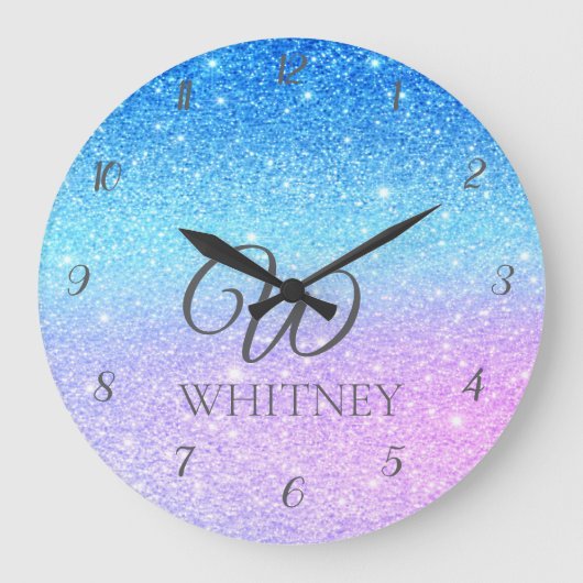 Chic Purple Ombre Blue Glitter Modern              Große Wanduhr (Vorderseite)