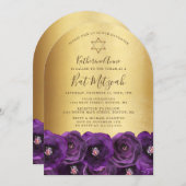 Chic Purple Rose Floral Gold Bat Mitzvah Einladung (Vorne/Hinten)