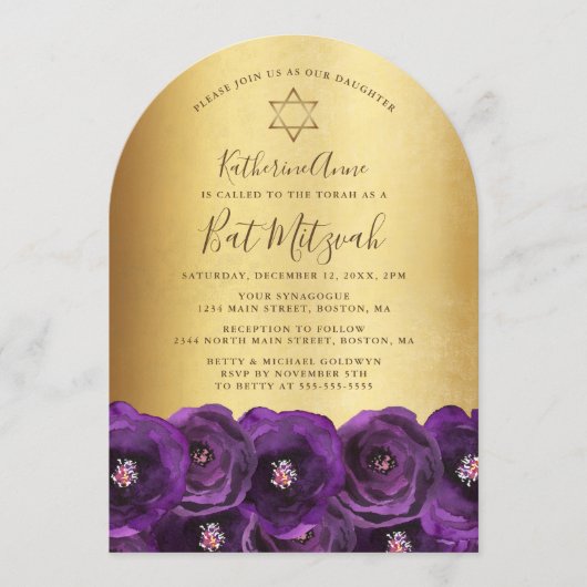 Chic Purple Rose Floral Gold Bat Mitzvah Einladung (Vorderseite)