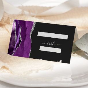 Chic Purple Silver Agate Dark Wedding Place Card Platzkarte
