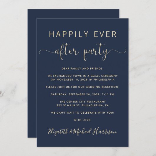 Chic QR Code Navy Gold Hochzeitsempfang Einladung (Vorne/Hinten)