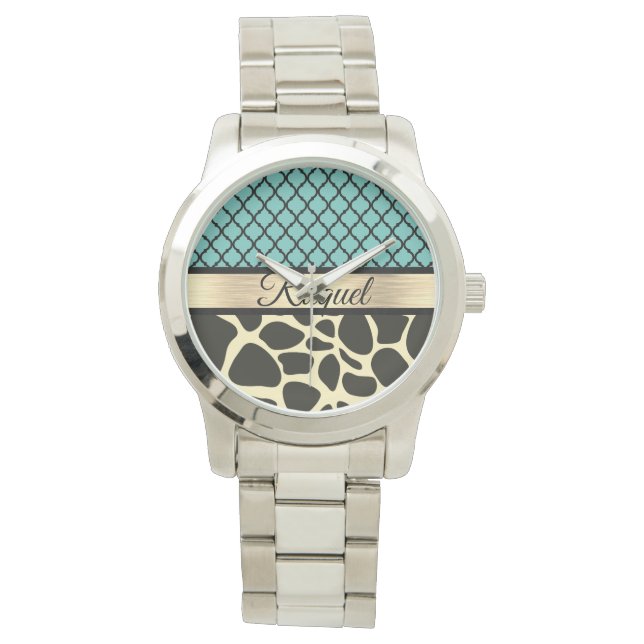 Chic Quatrefoil Giraffe Print Armbanduhr (Vorderseite)