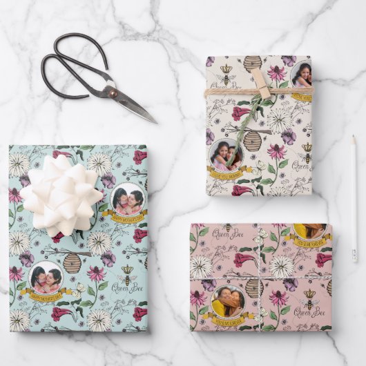 Chic Queen Bee & Blume Muster Geschenkpapier Set (Vorderseite)