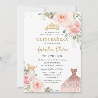 Chic Quinceañera Blush Pink Blumenkleid Geburtstag Einladung