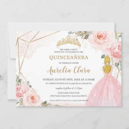 Chic Quinceañera Blush Pink Floral Blonde 15 Anos Einladung (Vorderseite)