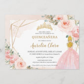 Chic Quinceañera Blush Pink Floral Blonde 15 Anos Einladung (Vorne/Hinten)