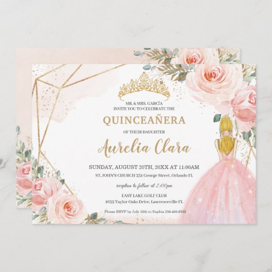 Chic Quinceañera Blush Pink Floral Blonde 15 Anos Einladung (Vorne/Hinten)