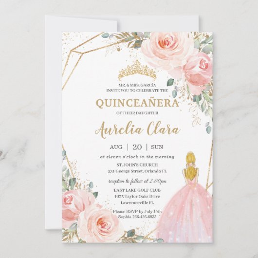 Chic Quinceañera Blush Pink Floral Blonde Geburtst Einladung (Vorderseite)