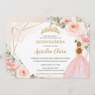 Chic Quinceañera Blush Pink Floral Tiara Geburtsta Einladung