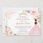 Chic Quinceañera Blush Pink Floral Tiara Geburtsta Einladung (Vorderseite)