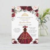 Chic Quinceañera Burgundy Blush Floral Charro Gold Einladung (Stehend Vorderseite)