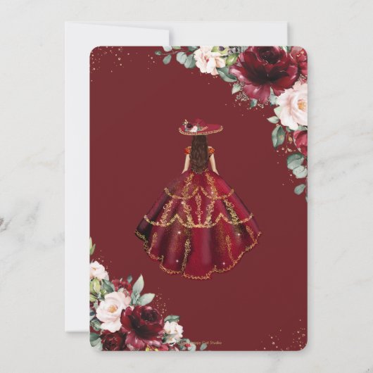 Chic Quinceañera Burgundy Blush Floral Charro Gold Einladung (Rückseite)