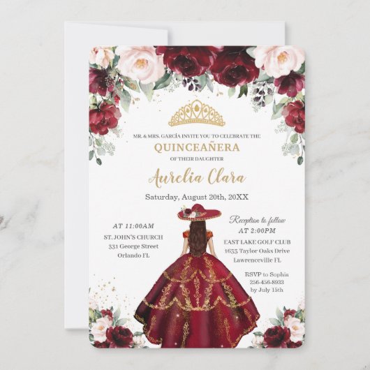Chic Quinceañera Burgundy Blush Floral Charro Gold Einladung (Vorderseite)