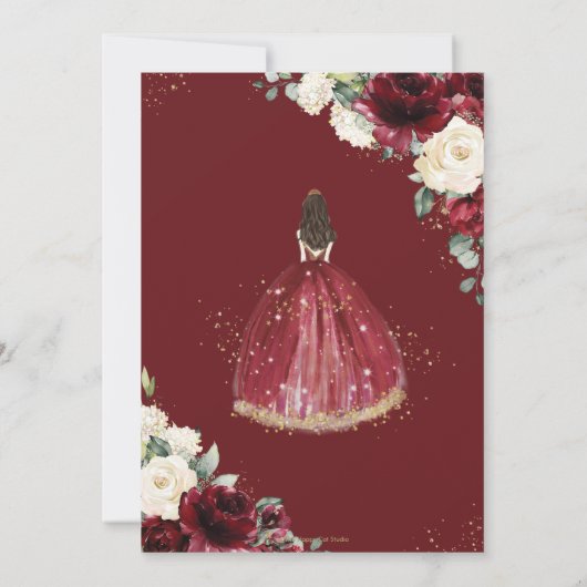 Chic Quinceañera Burgundy Ivory Bloral Prinzessin Einladung (Rückseite)