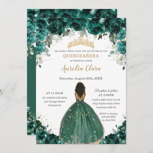 Chic Quinceañera Emerald Green Floral Princess Einladung (Vorne/Hinten)