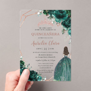 Chic Quinceañera Emerald Green Rose Gold Acryleinladungen
