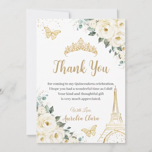 Chic Quinceañera Ivory Floral Eiffel 16. Geburtsta Dankeskarte (Vorderseite)