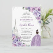 Chic Quinceañera Lila Floral Paris Eiffel Silver Einladung (Stehend Vorderseite)