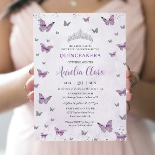 Chic Quinceañera Lila Lilac Butterflies Silver Einladung
