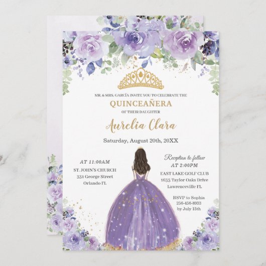 Chic Quinceañera Lila Lilac Floral Princess Einladung (Vorne/Hinten)