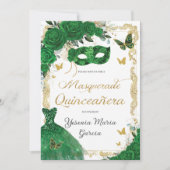 Chic Quinceañera Masquerade Emerald Green Floral Einladung (Vorderseite)