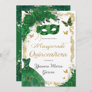 Chic Quinceañera Masquerade Emerald Green Floral Einladung