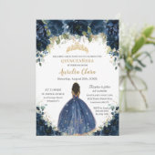 Chic Quinceañera Navy Blue Floral Brown Princess Einladung (Stehend Vorderseite)