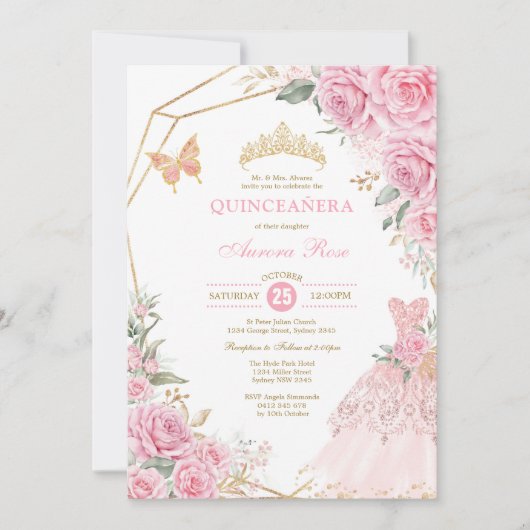 Chic Quinceañera Pink Gold Rose Kronprinzessin Einladung (Vorderseite)