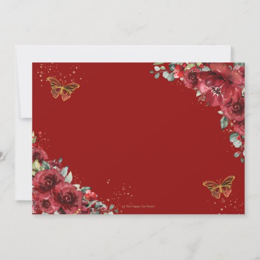 Chic Quinceañera Red Floral Gold Schmetterlinge Fo Einladung (Rückseite)