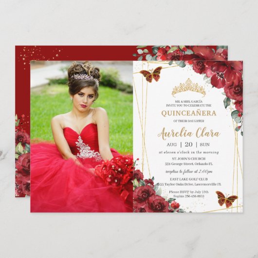 Chic Quinceañera Red Floral Gold Schmetterlinge Fo Einladung (Vorne/Hinten)
