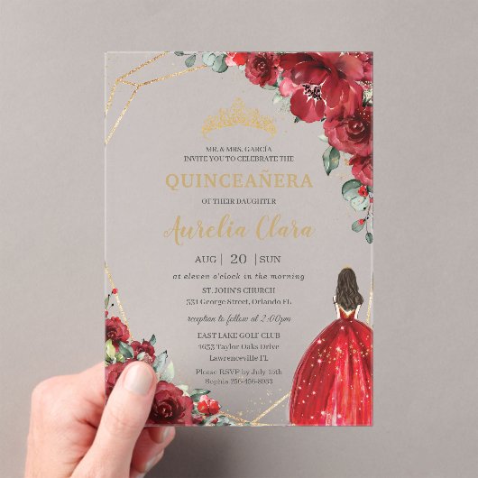 Chic Quinceañera Red Roses Flowers Floral Princess Acryleinladungen (Insitu (Handheld))