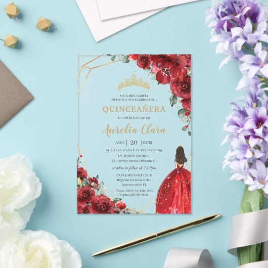 Chic Quinceañera Red Roses Flowers Floral Princess Acryleinladungen (In Situ (Hochzeit))