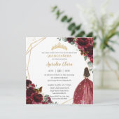 Chic Quinceañera Rich Burgundy Red Floral Tiara Einladung (Stehend Vorderseite)