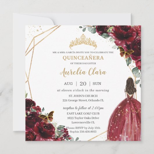 Chic Quinceañera Rich Burgundy Red Floral Tiara Einladung (Vorderseite)