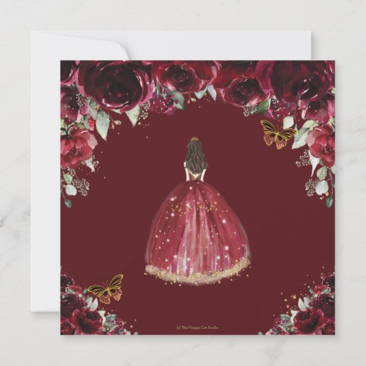 Chic Quinceañera Rich Burgundy Rote Floral Prinzes Einladung (Rückseite)