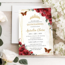 Chic Quinceañera Rote Blume Blumengoldschmetterlin Einladung