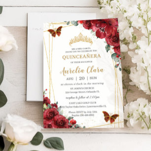 Chic Quinceañera Rote Blume Blumengoldschmetterlin Einladung