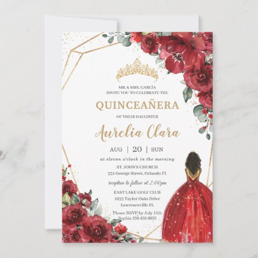 Chic Quinceañera Rote Blume Floral Brown Princess Einladung (Vorderseite)