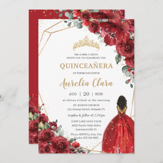 Chic Quinceañera Rote Blume Floral Brown Princess Einladung (Vorne/Hinten)