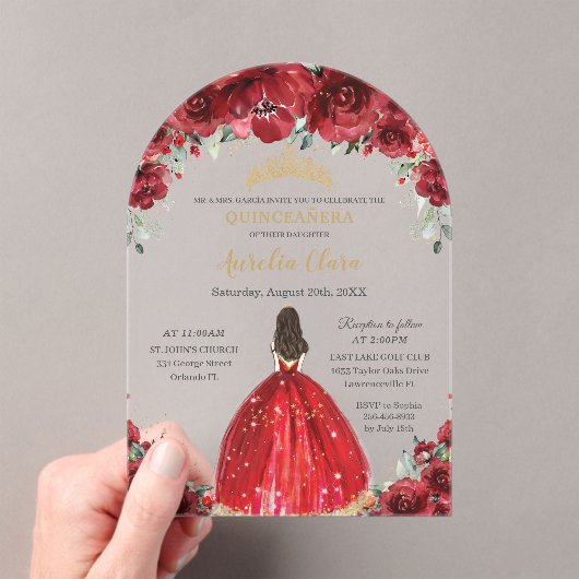 Chic Quinceañera Rote Flora Rose Princess Arch Acryleinladungen (Insitu (Handheld))